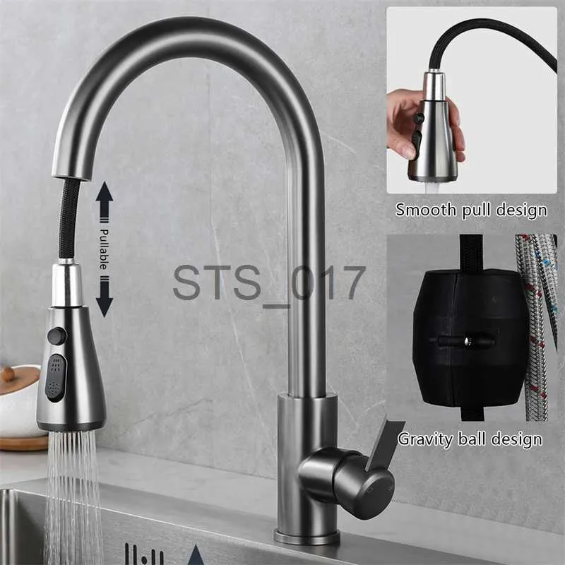 Kitchen Faucets Kitchen Basin Faucet 304Stainless Steel Mixer water Cold Hot 80 Cm Hoses Pull Out 360 Rotation Ceramic Valve Core Surface Brush x0712