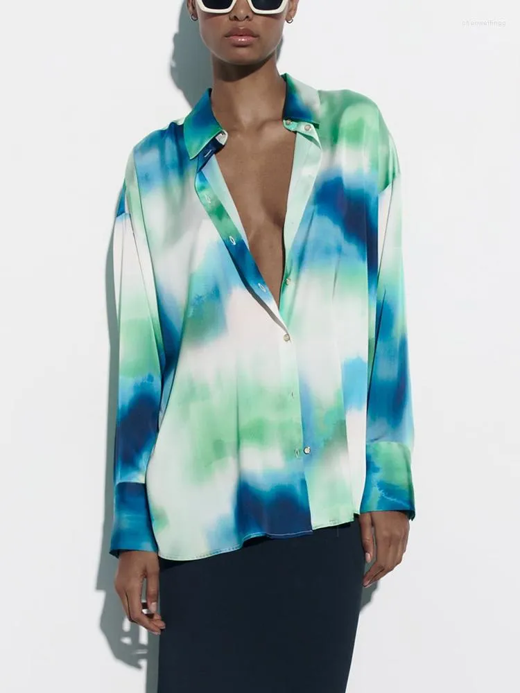 Dames Blouses Shirts En Dames 2023 Mode Vintage Tie Dye Print Shirt Lange Mouw Top Front Button Up Reverskraag Oversized