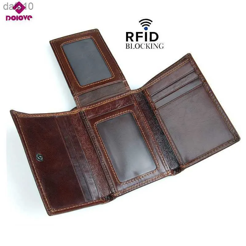 DOLOVE New Style RFID BLOCKING Portafoglio da uomo Vintage in vera pelle di mucca Porta carte a tre ante Porta carte di protezione RFID Portafogli per L230704