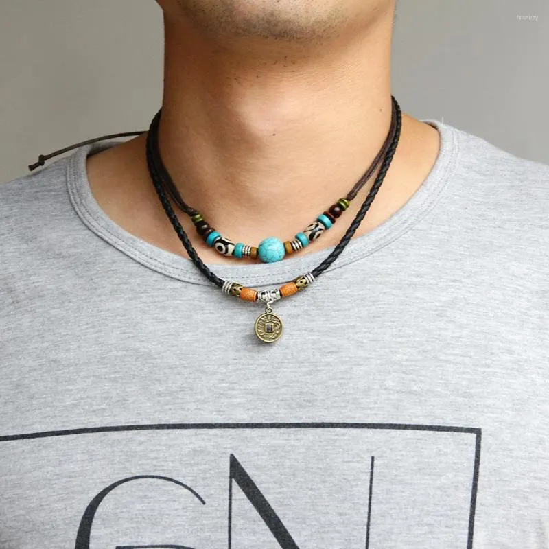 Collane con ciondolo Collana pendente con perline turchesi naturali Boho per uomo Regalo di gioielli estetici estivi con moneta iniziale