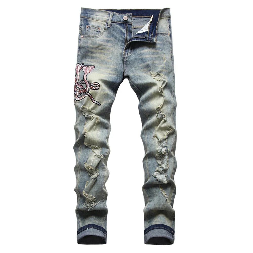 Jeans pour hommes serpent broderie Streetwear trous déchiré Stretch Denim pantalon Vintage bleu Slim pantalon 230711