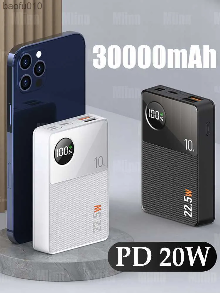 30000mAh Power Bank PD 20W Ricarica rapida Batteria di emergenza esterna Portatile Powerbank ausiliario esterno di ricambio 20000mAh QC3.0 L230712