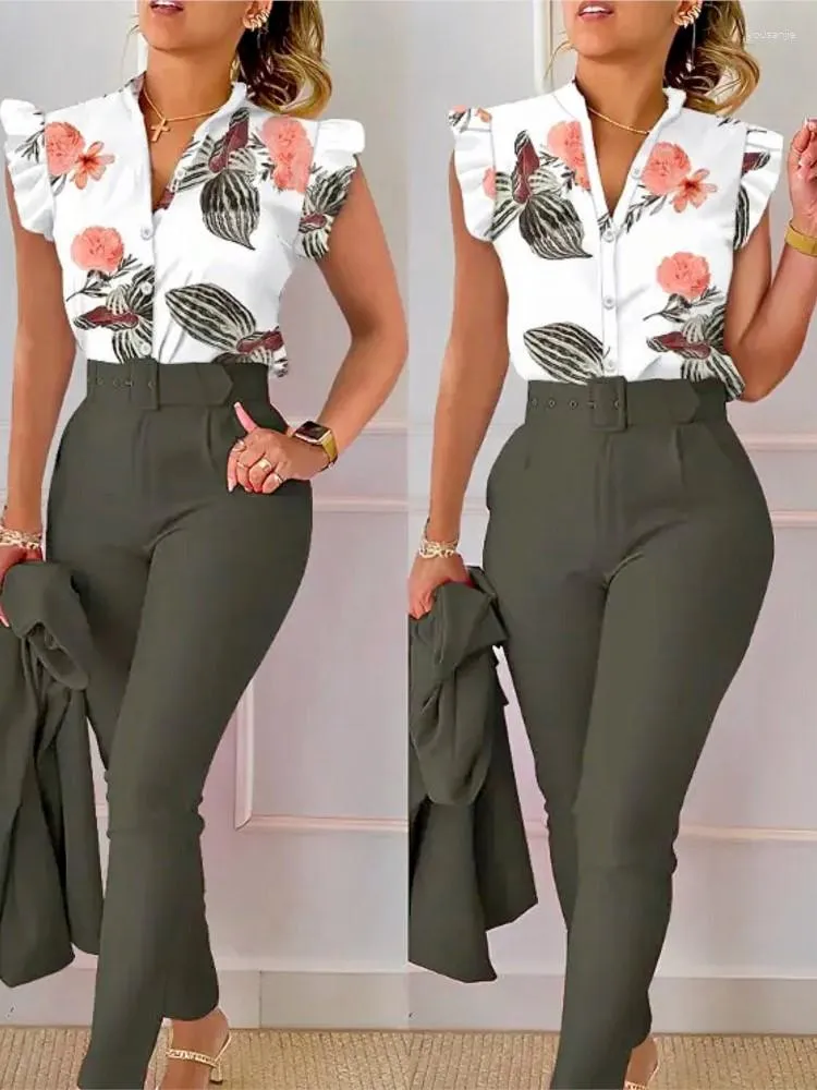 Dames Blouses Print Knoop Vliegende mouw Tweedelige set V-hals Shirt Riem Broek Elegante Pakken 2023 Mode Dames Slim Fit Office Lady