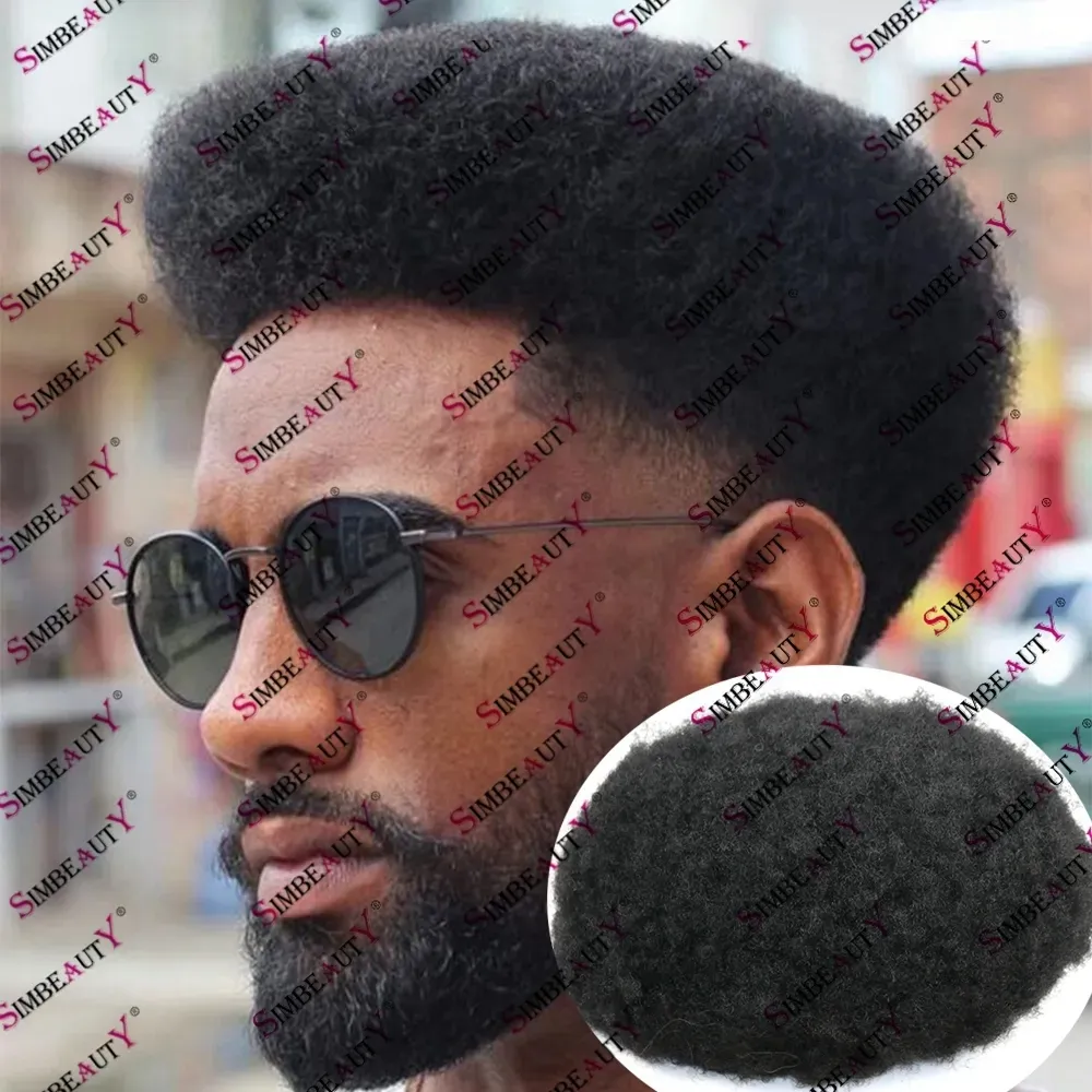 Human Hair 4mm Afro Hairstyle Black Men Men's Toupee قاعدة دائمة الجلد 130 ٪ كثافة الاصطناعية