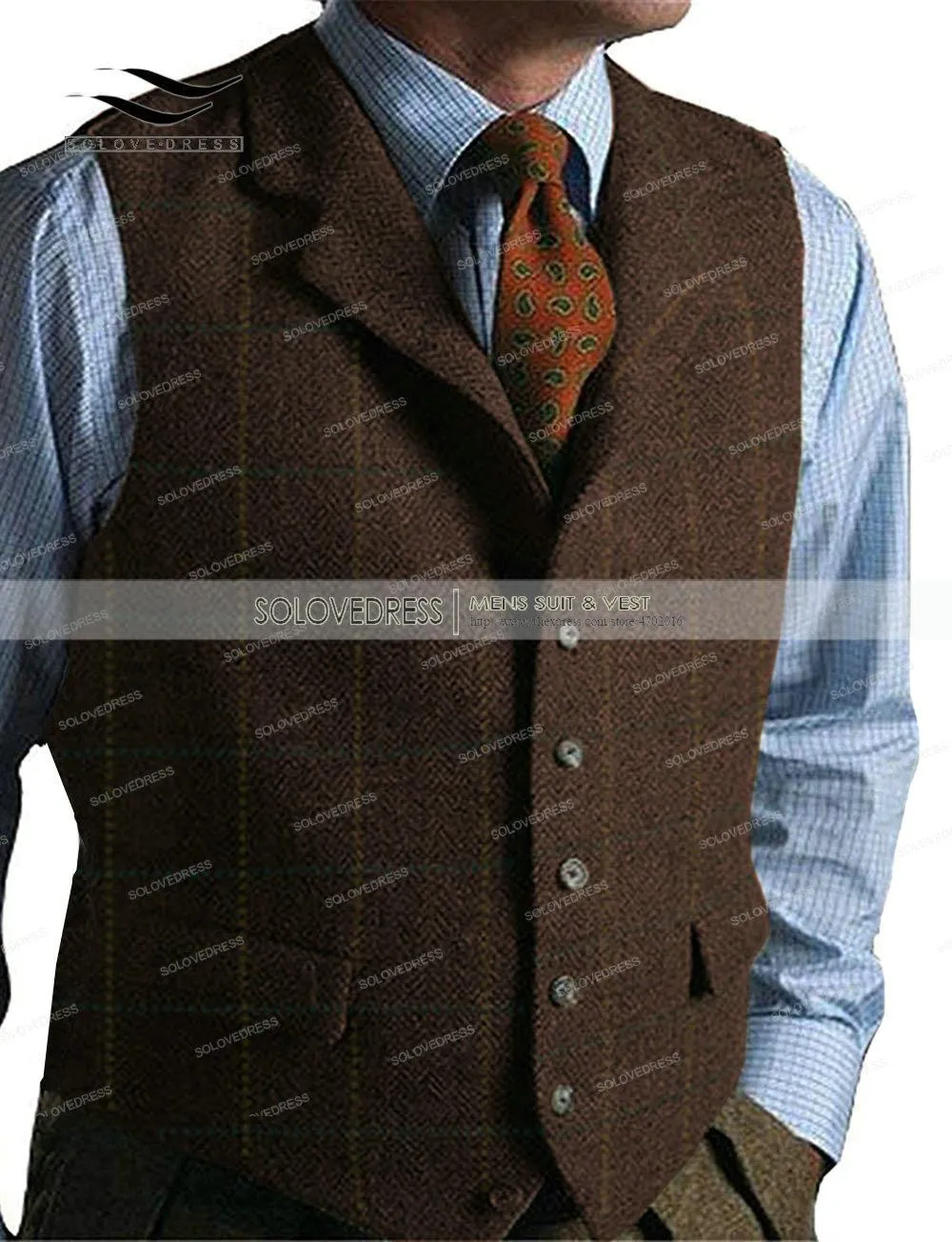 Suits Green Casual Gentleman Men's Plaid Soft Wool Jacket Vest Tweed Business Coffee Waistcoat for Best Man Wedding for Party