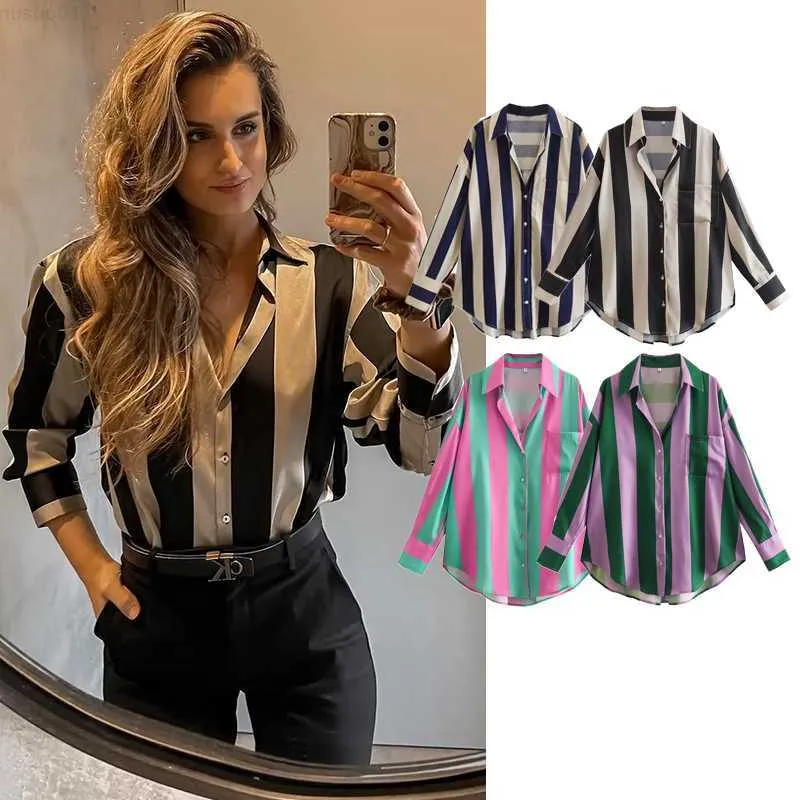 Women's Blouses Shirts New Shirt Women's Chic Fashion Vertical Stripe Straight Loose Women Shirt Top 2022 New Blouses Leisure Holiday Party Youth Shirt L230712
