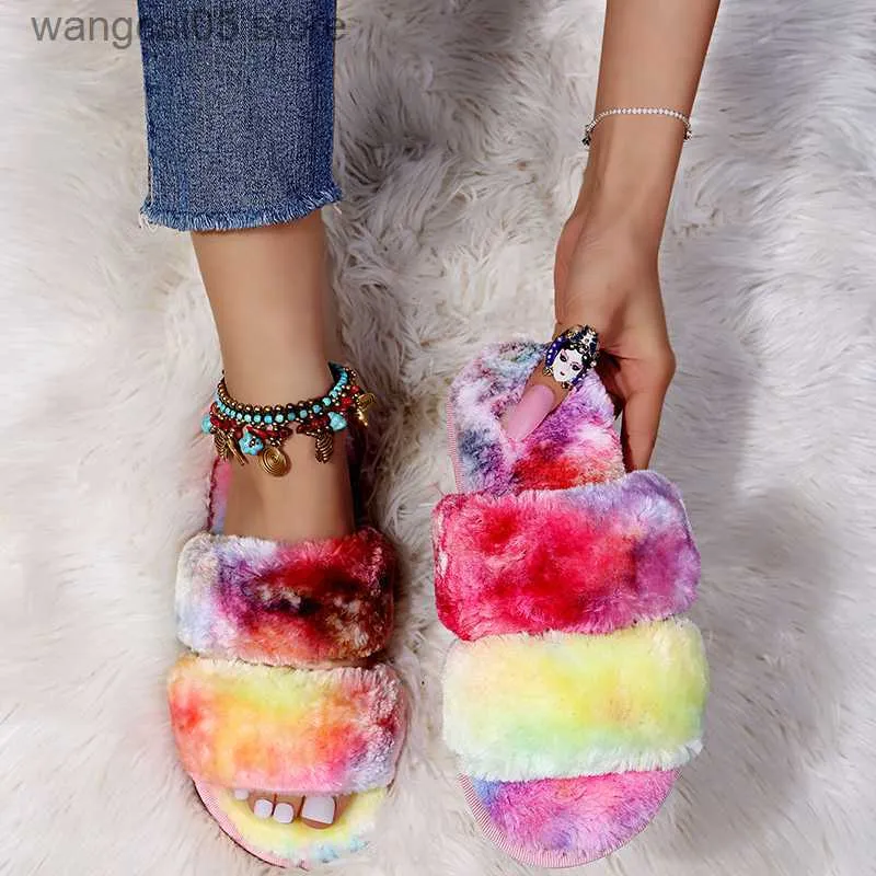 Slippers Women 2021 New Autumn and Winter Indoor Fuzzy Slippers Female Luxury Color Fluffy Slipper Ladies Soft Plush Home Flip Flops T230712