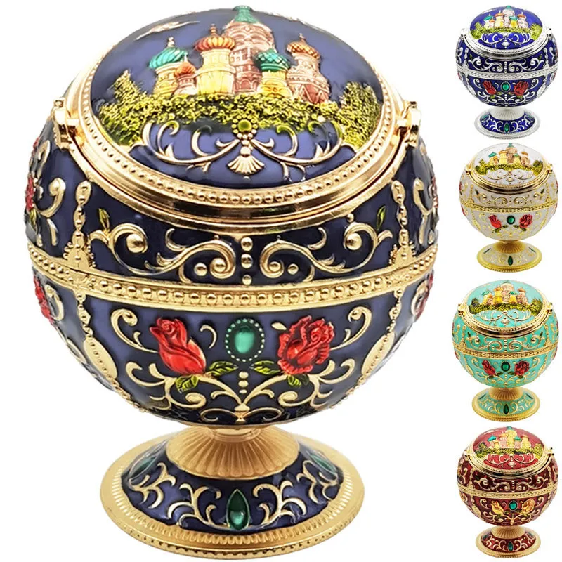 Vindtät hushåll Askfack Vintage Zinklegering Blomma Mönster Globe Cigarett Ashtray Lid Tabltop Portable Home Decor Ashtrayer