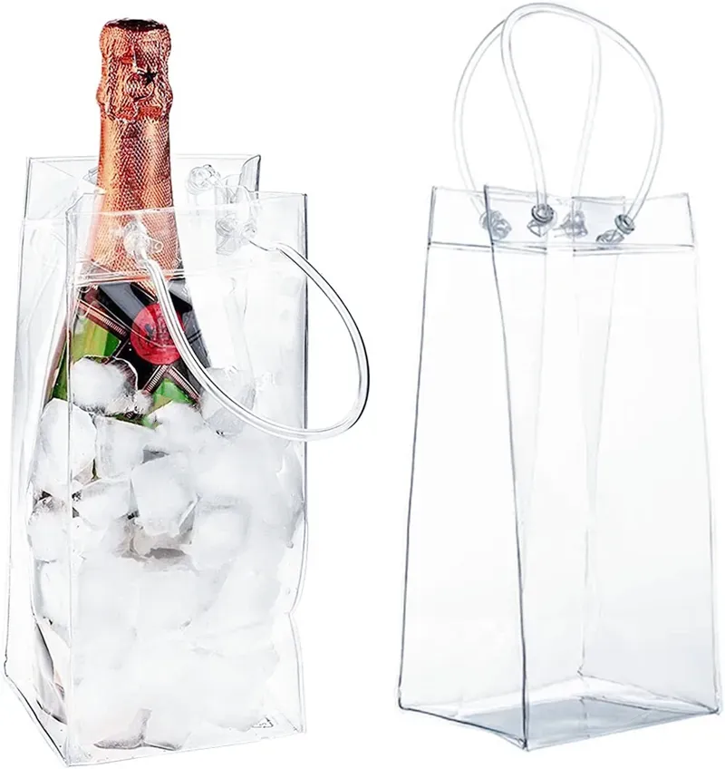 Şarap soğutucu buz çantası pvc soğutucu saplı torbalarla çökebilir
