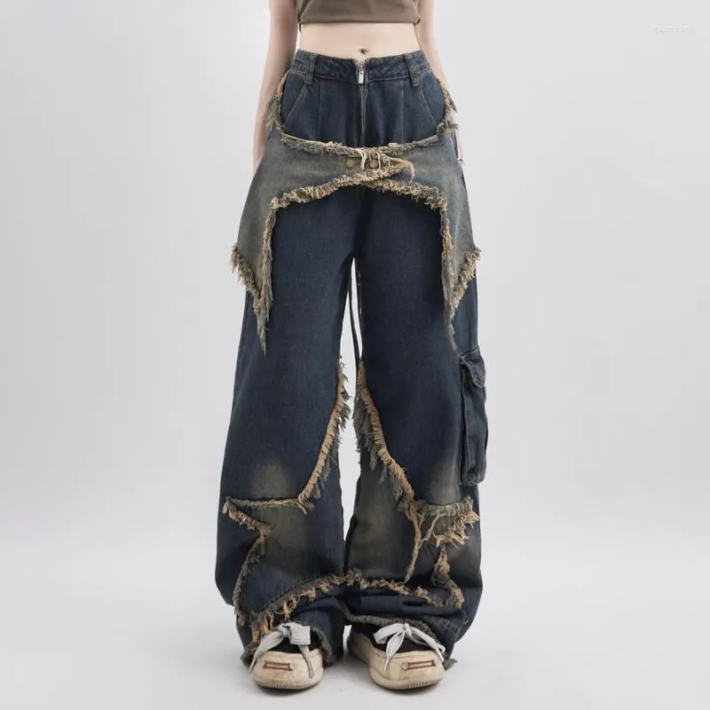 Women's Jeans Bluecolor Contrast High Waist American Style Street Splicing Star Wide Leg Pants Hip Hop Retro Straight Long Johns