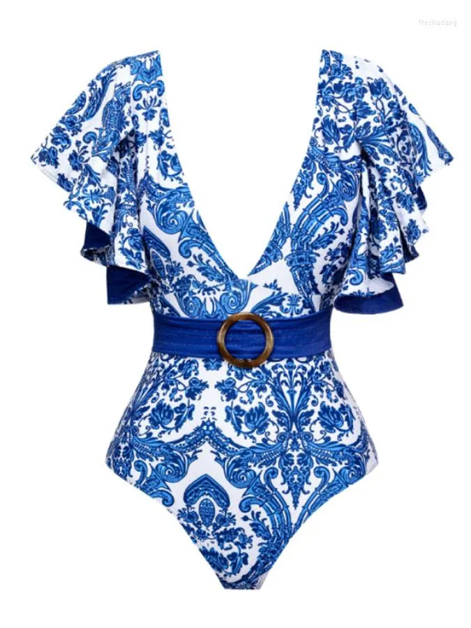 Damenbadebekleidung 2023 Frauen Blau Mode Tiefer V Rüschendruck Bequemer einteiliger Urlaub Enger Gürtel Badeanzug Bikini und Vertuschung