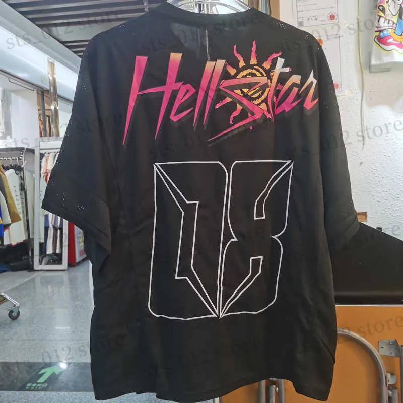 Men's T-Shirts Hellstar T-shirt Flame numeric Print Mesh Patchwork American Casual Loose Men Women Short Sleeve T Shirt Sport Ball Uniform T230712