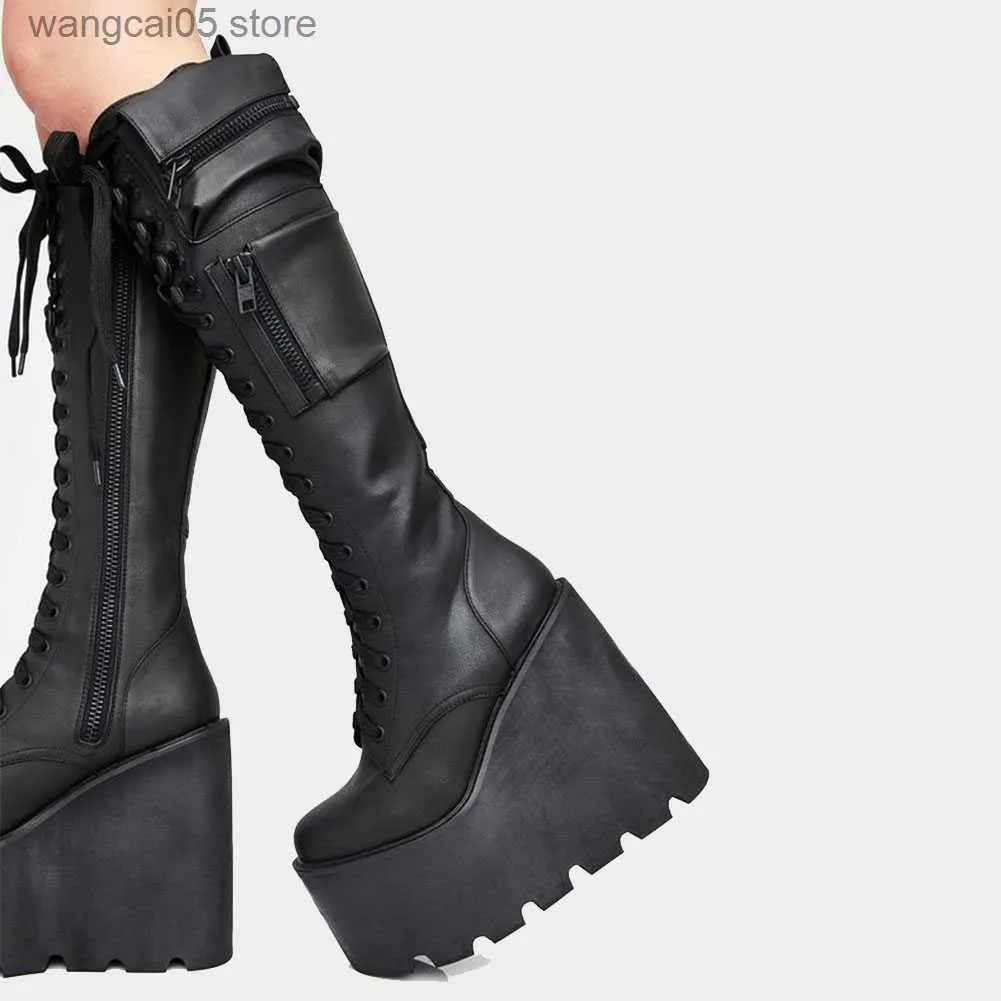 Boots Brand Design Big Size Extreme High Heels Black Gothic Halloween Cosplay Street Cool Pocket Combat Boots Women Shoes T230712