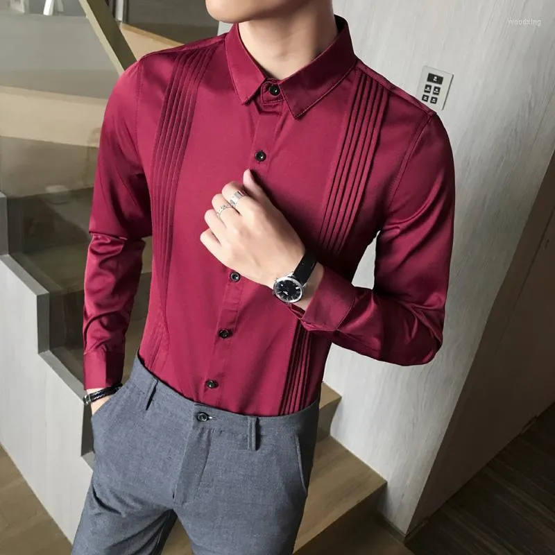 Chemises habillées pour hommes smoking devant plissé coupe ajustée à manches longues Blouse Gentleman Groomsman fête mariage cérémonie chemise homme rouge