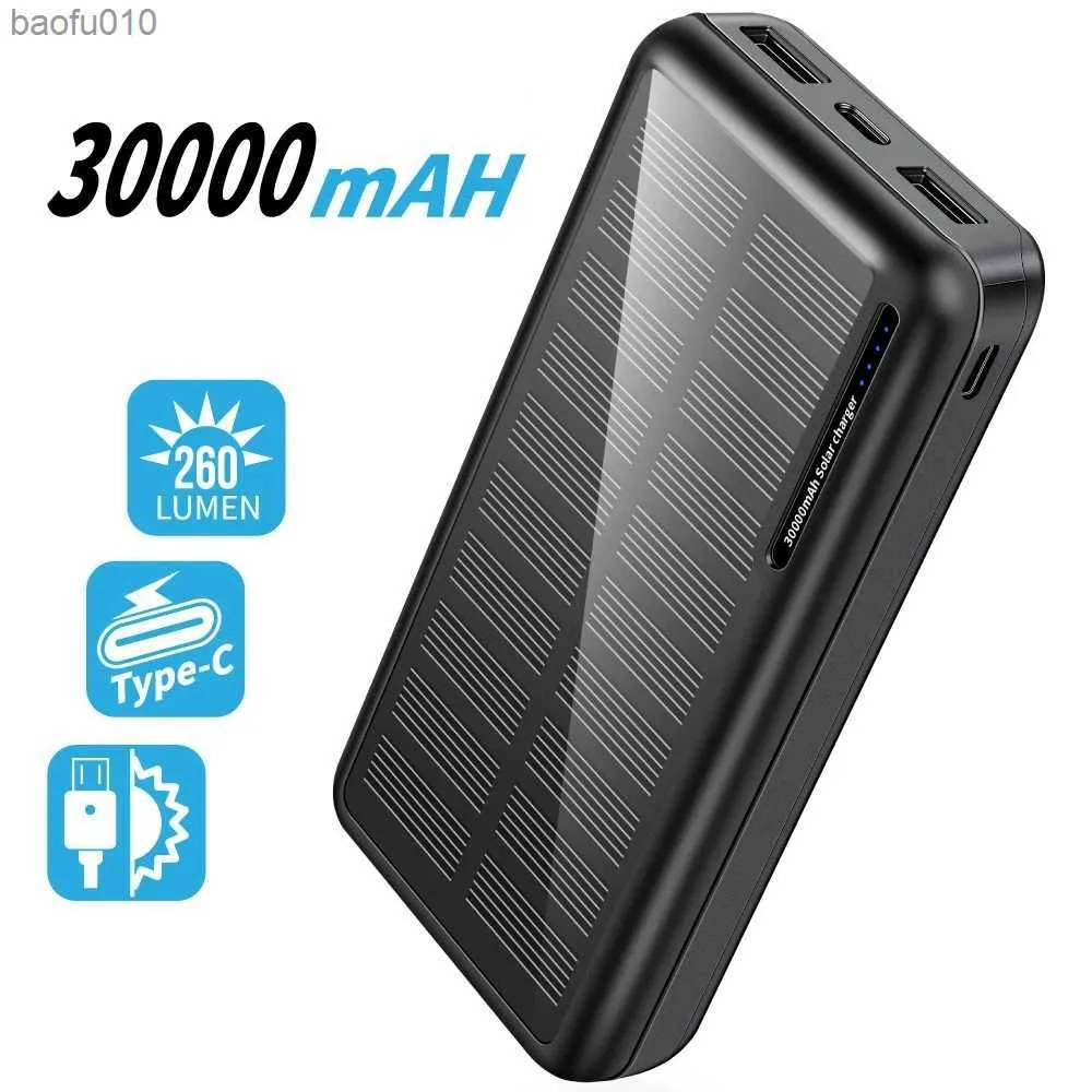 30000mAh Solar Power Bank 2 USB Solar Charger External Battery Pack Powerbank for iPhone 12 Samsung S21 Huawei Xiaomi Poverbank L230712