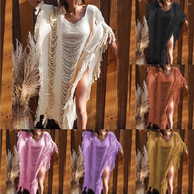 Bluzki damskie Cover Up Sheer Swimsuit Jednolity kolor Tassel Hollow Outdoor Sun Dzianinowa bluzka dla nastolatków