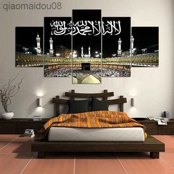 Caligrafia musulmana islamica Arabia Saudita Hajj Pellegrinaggio Incorniciato 5 pezzi Tela Wall HD Stampa Home Decor Immagini 5 pannelli Wall L230704