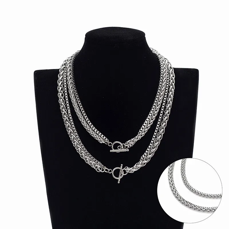 Set di catena multistrato Collana a doppio strato Acciaio inossidabile 2,4 mm 50 cm Scatola + 5 mm 60 cm Catena a treccia Gioielli per uomo Donna Argento