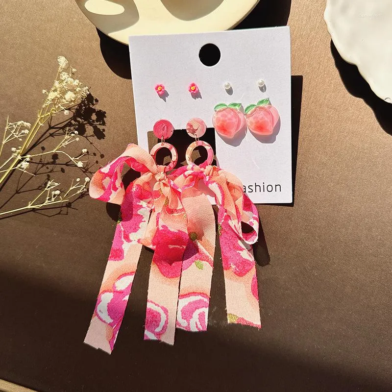 Baumelnde Ohrringe, 4 PRS/SET, süße rosa Pfirsich-Perlen-Ohrring-Sets für Mädchen und Frauen, schönes Tuch, langes Tropfen-Set
