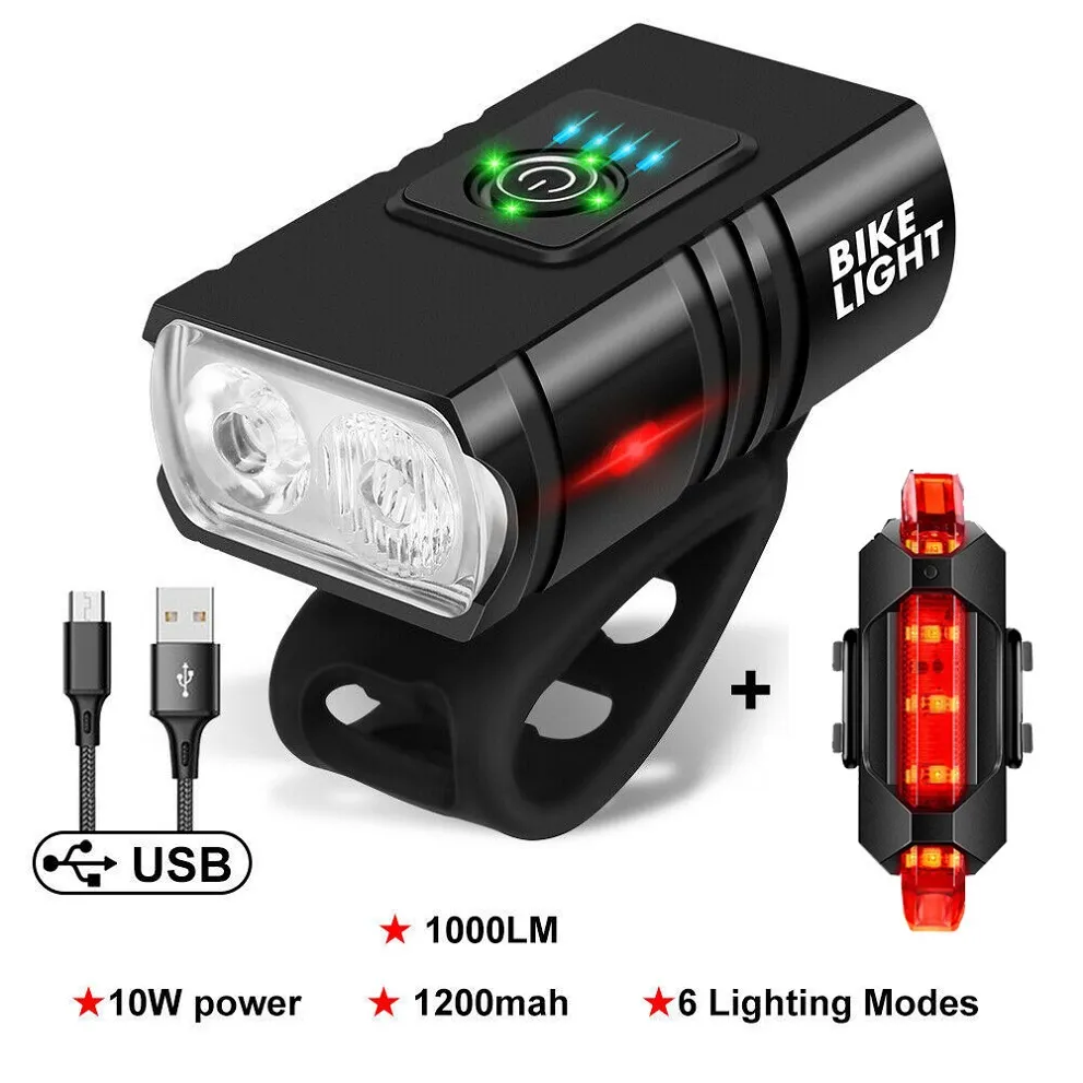 Set di luci per bici ricaricabili USB Luce per bicicletta super luminosa Potente faro anteriore per bicicletta e fanale posteriore posteriore 6 modalità di illuminazione Adatto a tutte le biciclette Strada di montagna NOVITÀ