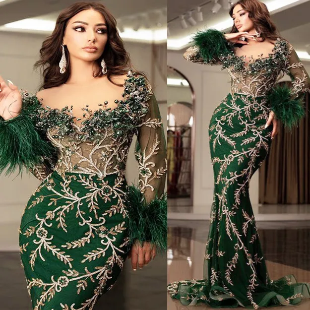 2023 Aso ebi Dark Green Mermaid Prom Dress 레이스 구슬 깃털 이브닝 공식 파티 두 번째 리셉션 생일 약혼 가운 드레스 로브 드 SOIREE ZJ720