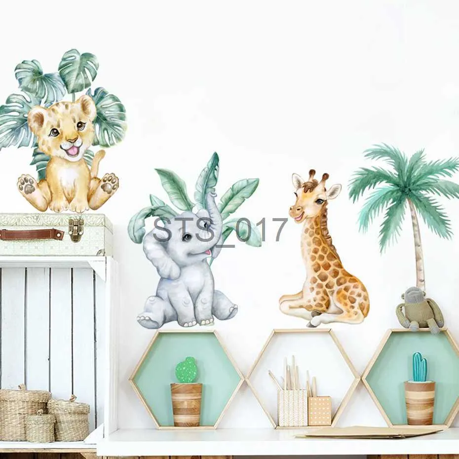 Otras pegatinas decorativas lindos animales africanos elefante jirafa hojas pegatinas de pared vivero acuarela vinilo pared calcomanía niños habitación de bebé decoración x0712