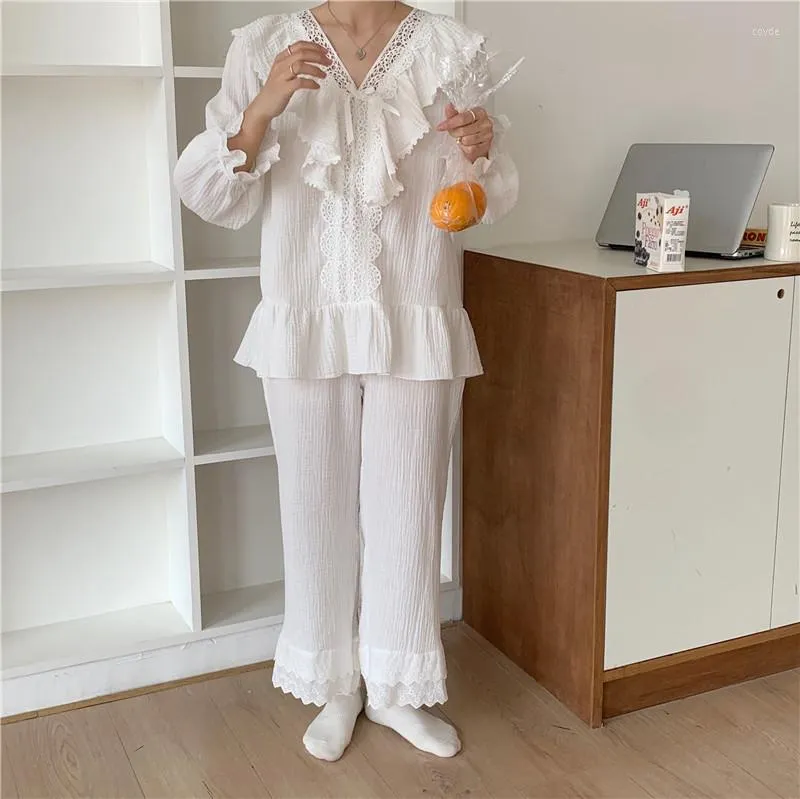 Women's Sleepwear White Lace Pajamas Crepe Cotton Double Layer Gauze Soft V Neck Princess Home Service Trouser Pants Night Suit L783