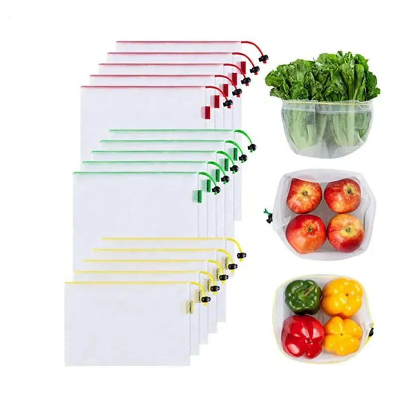 Reusable Mesh Produce Bags Double Stitched Drawstring Mesh Bag Pouch Multipurpose Food Fruits Vegetable Storage Bags