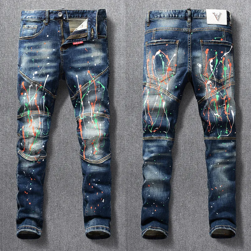 Jeans för män Gatumode Herr Retro Blå Stretch Slim Fit Målad Ripped Skarvad Designer Hip Hop Denim Biker Byxor Hombre 230711