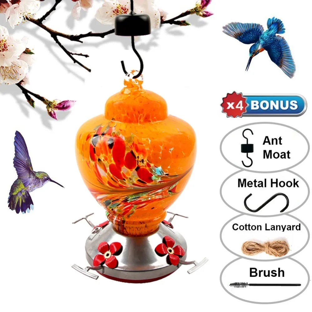 Garden Decorations Bird Feeder Hummingbird Painted Glass Flower Water Food Container For Outdoors Patio 230711