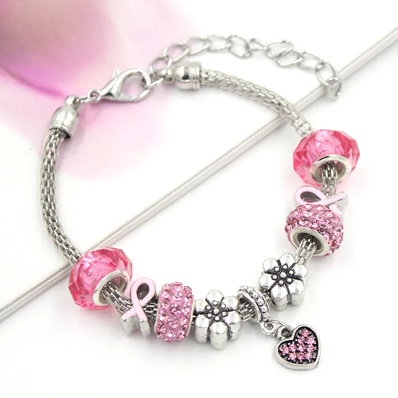 New Arrival European Style Breast Cancer Awareness Jewelry Pink Crystal Heart PDR Charms Pink Ribbon Bracelets for Breast Cancer Jewelry