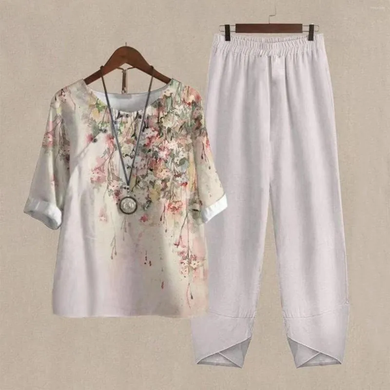 Conjunto de calças femininas de duas peças, blusa feminina de cinco mangas, estampada, cintura alta, terno solto, elegante, estampa floral, camiseta feminina, roupas vintage