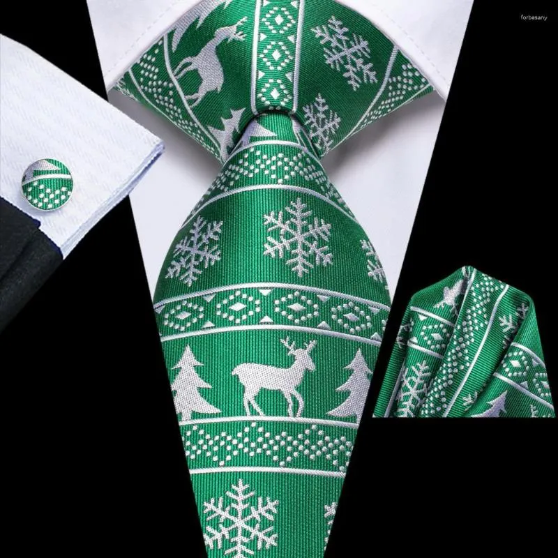 Fluga Grön Vit Julslips Siden Bröllop För män Present Herrslips Handky Manschettknapp Set Modefest Dropshiping Hi-Tie Design