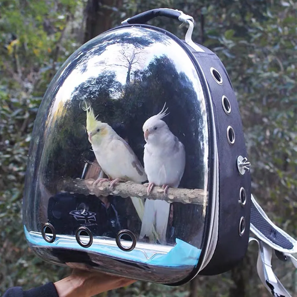 Bird Cages Bag Papegoja Ryggsäck med Prech och Feeder Cups för Parakeet Cockatiel Bunny Rese Akryl Bärbar Djurbur 230711