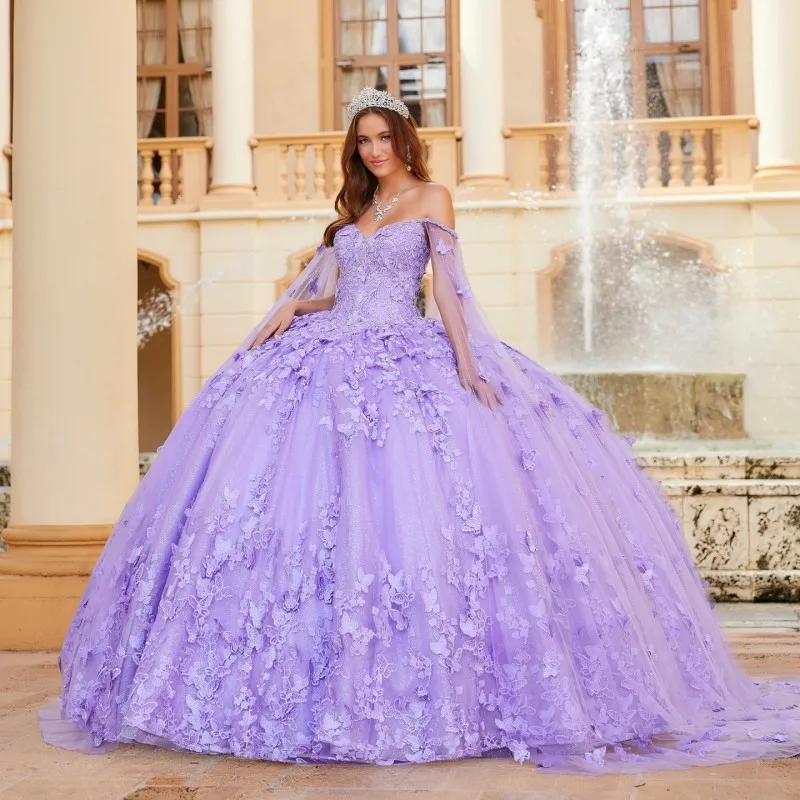 2024 Lavanta Kelebek Çiçekler Quinceanera Donanımlı Cape Ball Reçeteli Aplikler Dantel Kristal Vestidos De 15 Anos