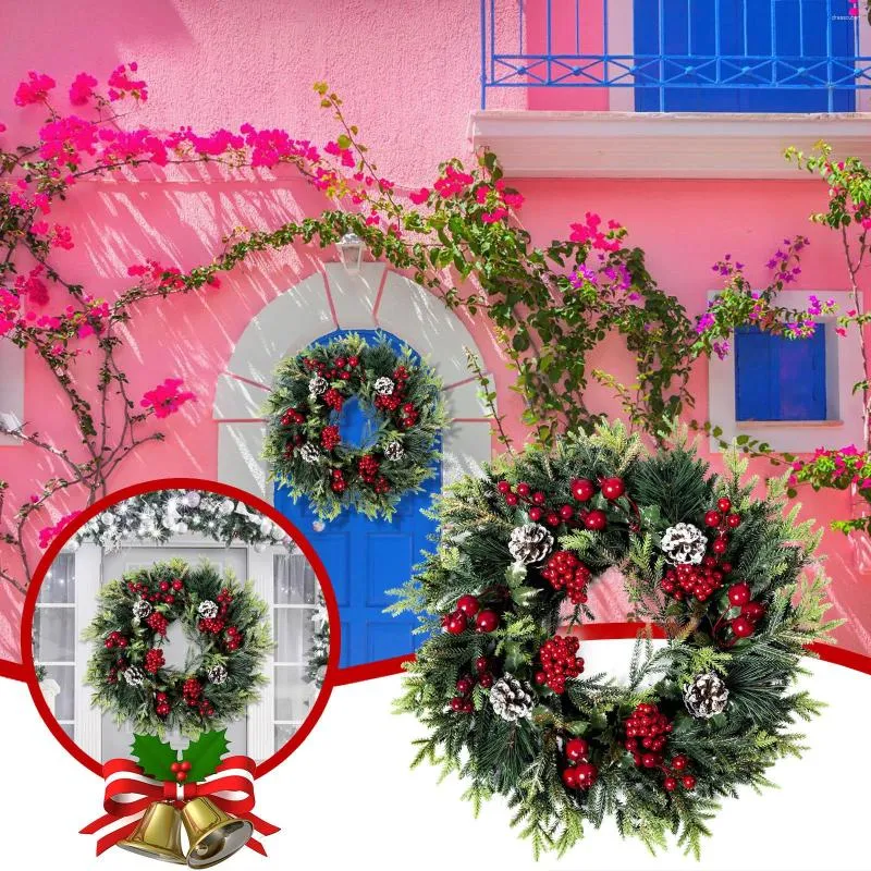 Simulation de fleurs décoratives mur suspendu porte de noël rouge guirlande de décoration en plastique de fruits avec des lumières