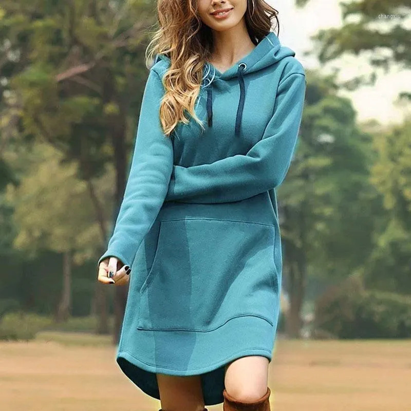 Sweats à capuche pour femmes mode couleur unie à manches longues robe à capuche poche lâche sweat-shirt décontracté (S-3XL)
