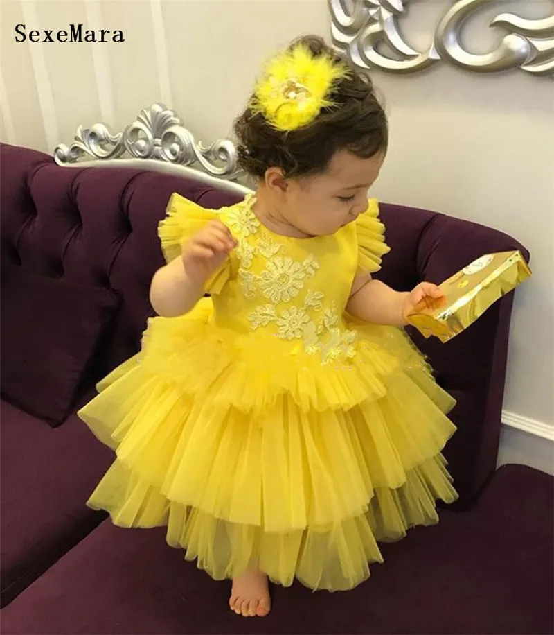 Girl's Dresses Baby Girls Clothes Yellow Puffy Tulle Lace Top Flower Girl Dress Infant First Birthday Party Gown 230712