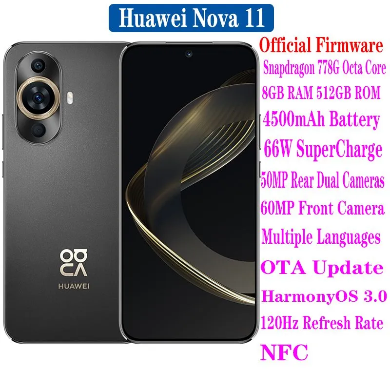 Biuro nowy smartfon huawei nova 11 6,7 cala 120 hz lwia paszcza 778g 4500 mah 66 w 60 mp przednie podwójne aparaty hongmeng system operacyjny 3.0 ota nfc