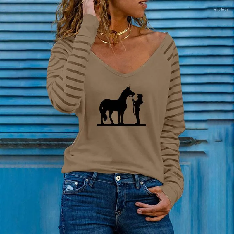 Women's T Shirts Cowgirl And Horse Print Women Casual Stripe Loose Shirt Animal Lover Gift Spring Autumn Long Sleeve T-Shirt For Female