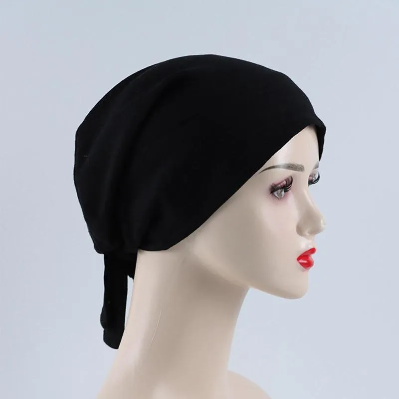 Abbigliamento etnico Fascia elastica musulmana da donna Hijab Tinta unita Regolabile Cappuccio piccolo Tubo Avvolto Cappello reale con cuffie