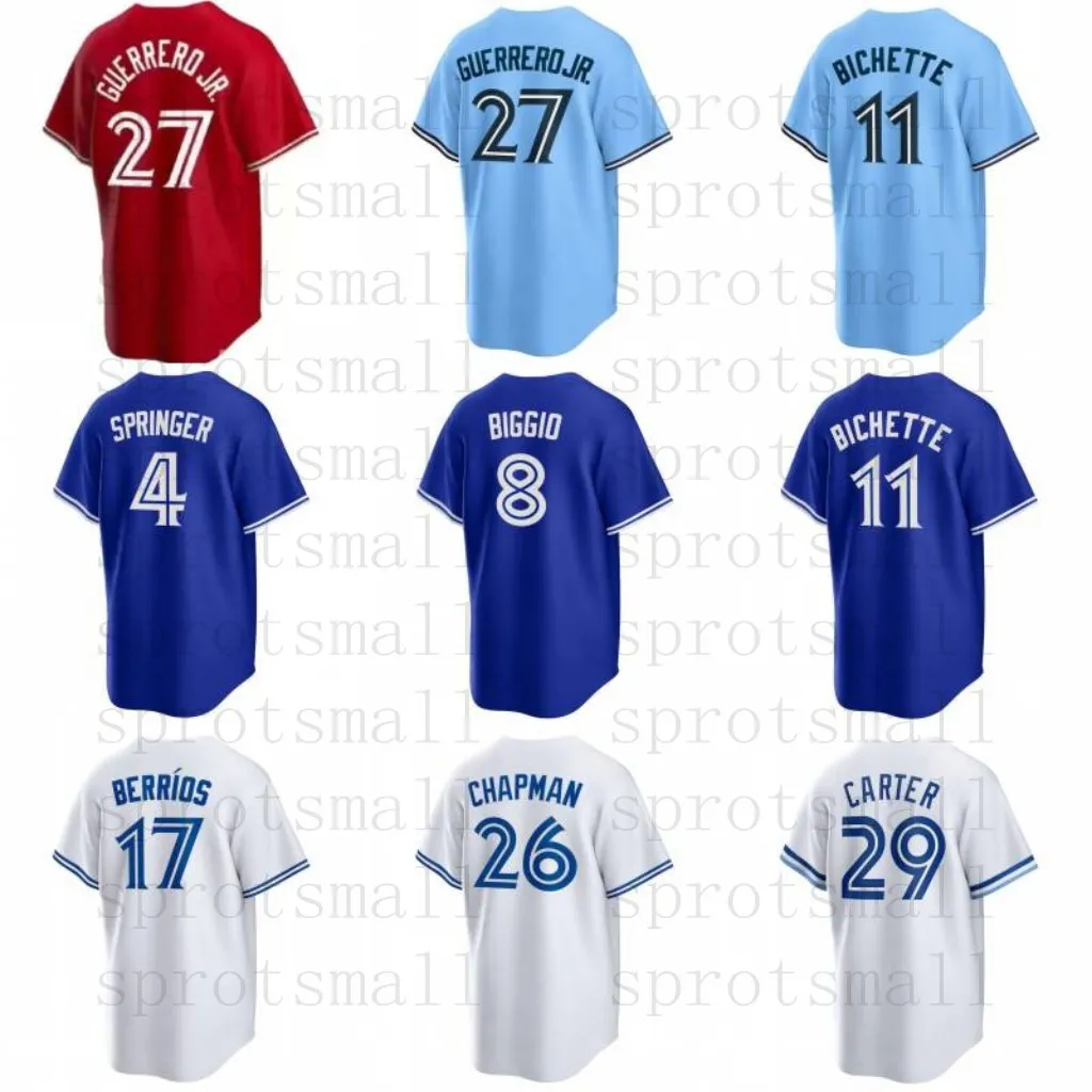 Camisa de beisebol personalizada masculina feminina juvenil Guerrero Jr. Bo Bichette Alejandro Kirk Alek Manoah Blue Matt Jays Chapman George Springer Martinez Camisa