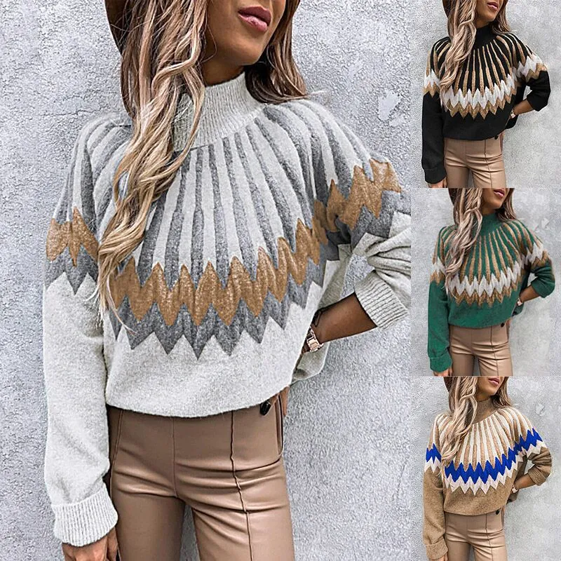 2023 Autumn Winter New European American Women's Sweaters Printed High Neck Long Sleeve Loose Relaxed Knitted Pullover Cardigan