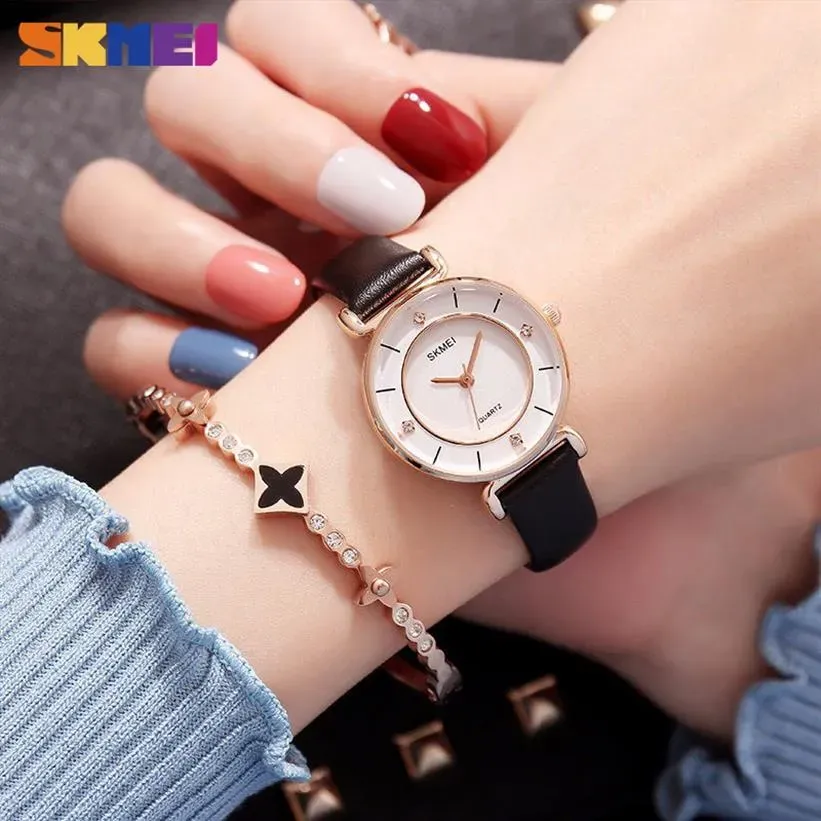 SKMEI Vrouwen Horloges Mode Quartz Dames Horloges Starry Diamond Dameshorloge Waterdicht Lederen Band horloges vrouwen 1330300I