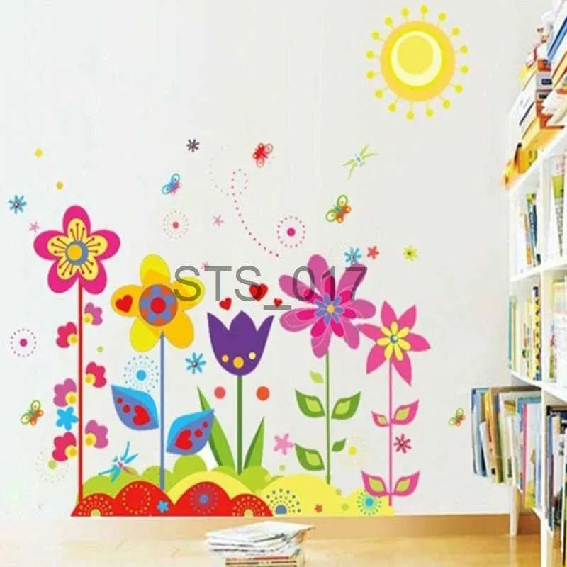 Other Decorative Stickers Romantic Cartoon Colorful Sun Flowers Butterfly Children's Room Wall Sticker Removable Kids Vinyl Art Home Decor Mural PVC Decal x0712