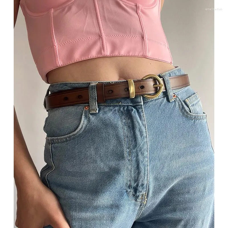 Belts ZR DIARY Belt Women Cow Leather Round Buckle Sewing Retro Designer Ladies Jeans Dress Waistband Handmade 2406