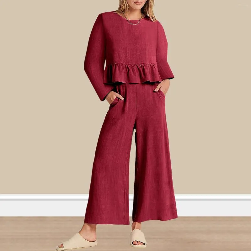 Pantalon deux pièces femme décontracté 2 tenue femmes haut à manches longues couleur unie dames taille haute Style Boho coupe ample vacances