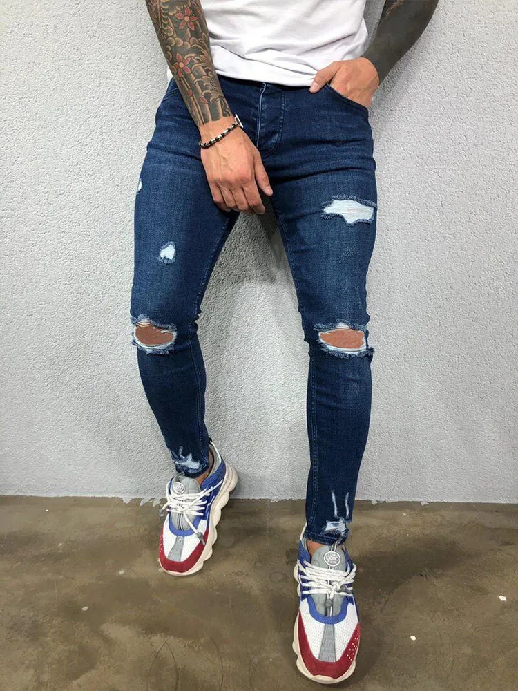 Hommes Jeans Mode Street Style Genou Déchiré Maigre Hommes Vintage Lavage Solide Denim Pantalon Hommes Casual Slim Jogging Pantalon Vêtements 230711