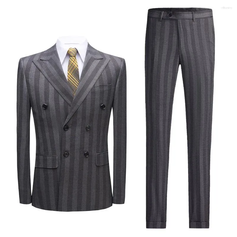 Costumes pour hommes (tailles personnalisées) Costume de gentleman rayé gris à double boutonnage - Élégance sur mesure haut de gamme - 3 styles pour hommes grands et grands