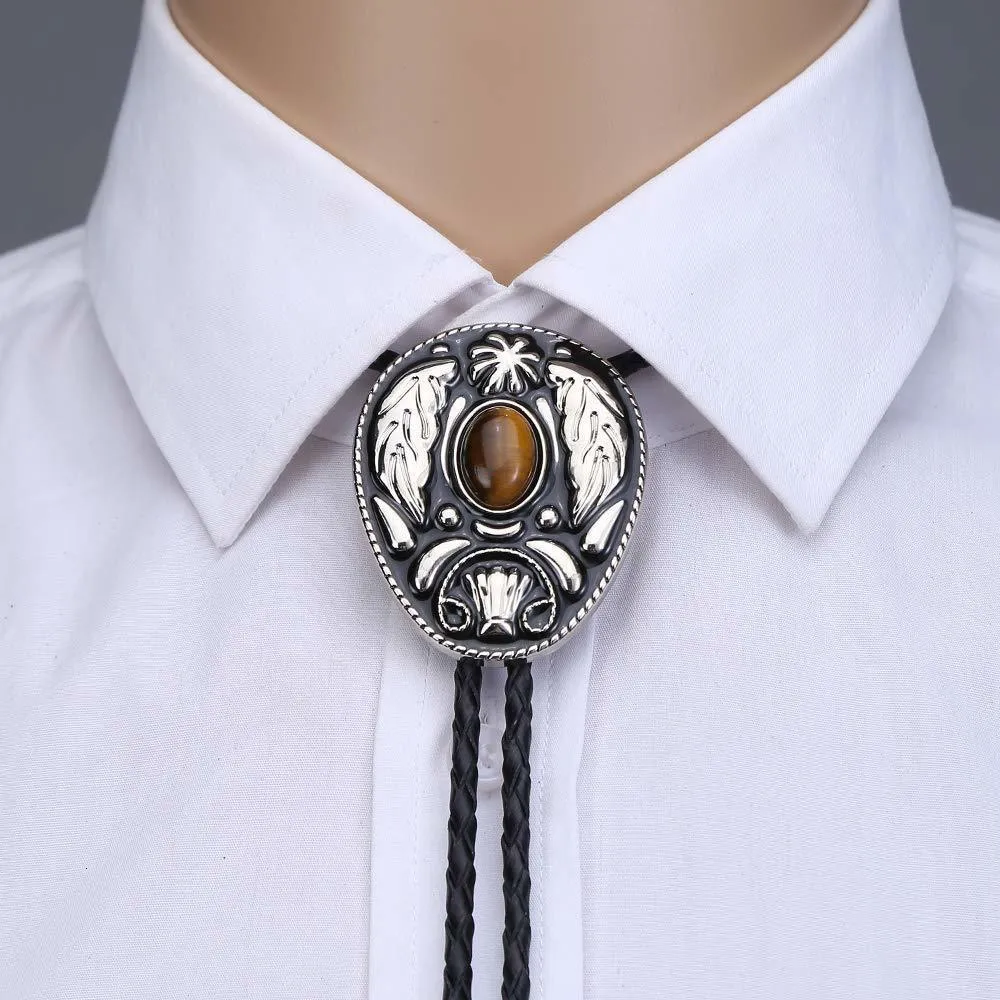 Bolo Ties Vintage Western Leaf Tiger Eye Stone Bolo Tie for Man Handmakde الهندي رعاة البقر الغربي رعاة البقر الحبل الجلود الزنك سبائك Necktie 230712